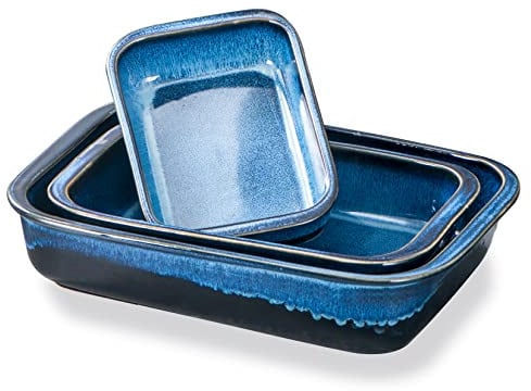 UNICASA Cocotte au Four Antiadhesif en Céramique, Plaque à Rôtir avec Poignées Lasagneforme Rectangulaire 3 Pcs, Cocotte pour Cuisine, Restaurant et Hôtel - 1000ml / 2000ml / 3500ml, Couleur Bleu