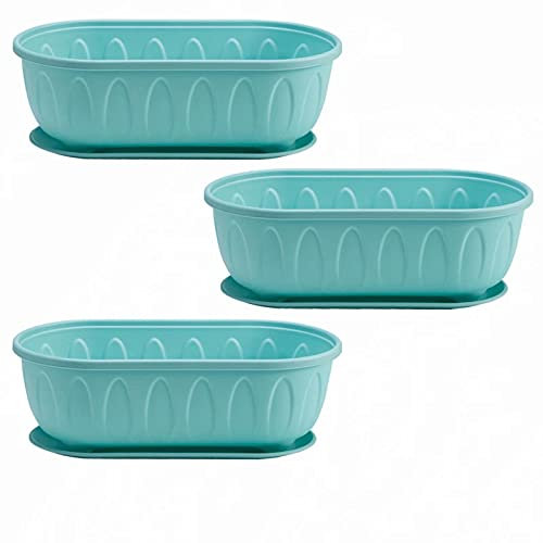 3 paquetes de 45,9 cm para ventana, maceta de plástico con bandeja adjunta, maceta para alféizar de ventana, patio, jardín, interior y exterior, azul