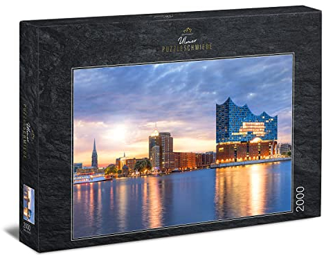 Ulmer Puzzleschmiede - Puzzle „Elphi“ - 2000 Teile Puzzle - die Elbphilharmonie in Hamburg – Konzerthalle und Wahrzeichen an der Elbe im Hafen der Hansestadt Hamburg, Norddeutschland