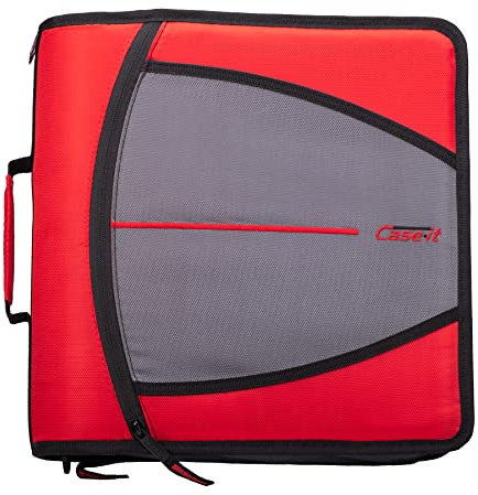 Case-it Mighty D-146 D-146 Aktenordner mit Reißverschluss, 7,6 cm O-Ringe, 600 Blatt Kapazität, 5 Fächer, Fächer, mehrere Taschen und Aufbewahrungs-Organizer, Schultergurt, Rot