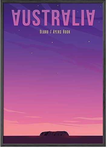 JUNOMI® Australien Poster DIN A2 | Wohnzimmer Deko, Modernes Wandbild, Australien Bild, Reiseposter, Reiseposter | Mit Rahmen Schwarz