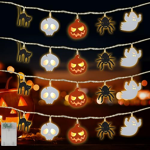 Shinybox Halloween Lichterketten, 3M 20LEDs Halloween Deko Lichter, Kürbis Geist Spinne Fledermaus Skelett Lichterkette, Dekoration Lichter Batteriebetrieben für Halloween Hause Party Deko