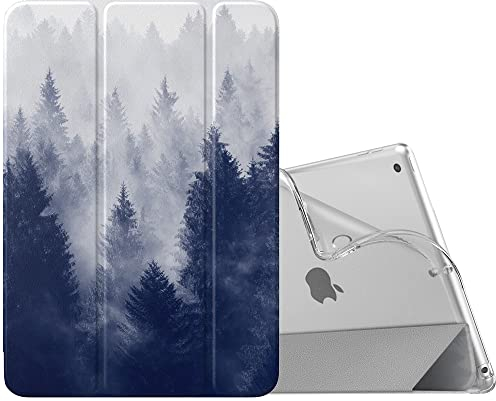 MoKo Hülle Kompatibel mit Neu iPad 9./8./7. Generation (2021/2020/2019), iPad 10,2 Zoll Hülle mit Ständer, TPU Transluzent Matt Rückseite Cover mit Auto Schlaf/Aufwach Funktion, Grauer Wald