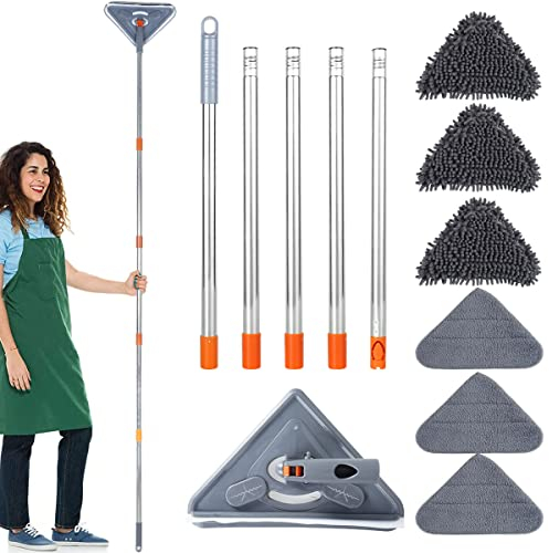 Trapeador de limpieza triangular giratorio de 360 grados, ajustable, de microfibra, extensible, con mango largo, limpiador de polvo seco y húmedo con 6 paños de fregona para suelo, ventana, pared
