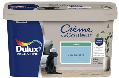 Dulux Valentine Crème de Couleur - Peinture multi-supports intérieure - Satin Bleu Céleste 2,5 L