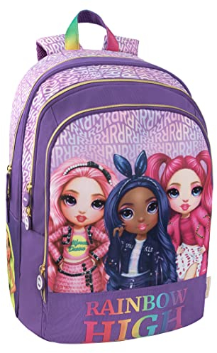 RAINBOW HIGH - Rucksack für Mittelschule, Grundschule, Kinder und Jugendliche, mit gepolstertem und verstärktem Rücken, verstellbaren Schultergurten und Hauptfach + Fronttasche mit Reißverschluss, 32