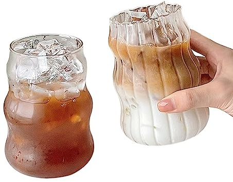 Muzrunq Klare Glasbecher Iced Coffee Glass Tassen Welligkeit Trinkgläser Biergläser gerissen Kaffeegläser Klarer Glaswaren für Saft Wasserglas Kaffeetassen 2pcs