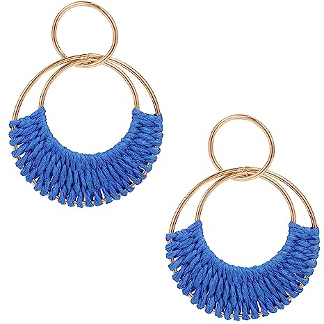 SIXDUTON Pendientes de Paja Hechos a Mano Para Mujer Boho, Grandes Colgantes Ratán Estilo Nacional Earrings Pendientes de Playa para Mujer Niñas (Azul real)