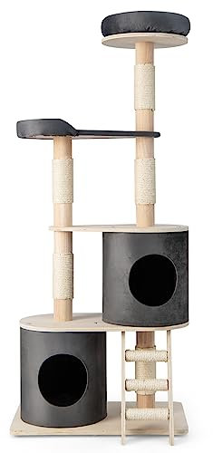 GYMAX Arbre à Chats 5 Niveaux en Bois d'Hévéa avec Colonnes à Gratter en Sisal, Arbre à Chat avec Perchoir Supérieur et 2 Condos, Maison pour Chatons, pour Jouer et Sauter