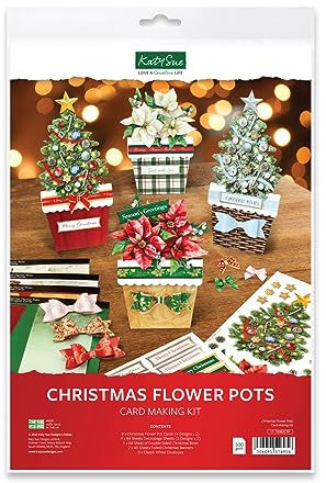 Katy Sue Christmas Flower Pots Card Making Kit. Contains 8 x 300 GSM Cards, Envelopes, 3D Die-Cut Decoupage, Paper Bows, Sticky Foam Pads & 2 Sheets of Christmas Sentiment Banners