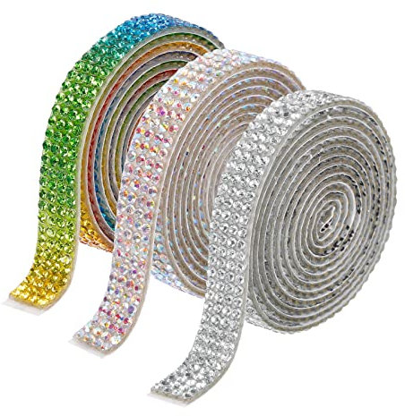 QUARKZMAN 3 Rouleau 3 Yards 8mm Ruban Strass Autocollant Diamant Bande de Strass pour Arts & Artisanat Projet, Mariage Gâteaux, Anniversaire Décorations Blanc,Coloré,Bleu,Vert,Jaune,Rouge