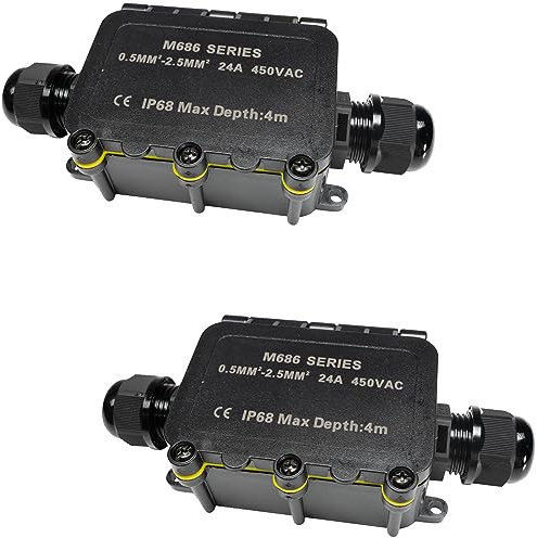 Grafner 2x wasserdichte Abzweigdose, 2 Wege, IP68, 3-polig, Ø5-12mm, 0,5–2,5 mm², 24A 450V, Abzweigdose wasserdichte Anschlussdose staubdicht außen outdoor Verbindungsmuffe Garten Erdkabel Feuchtraum