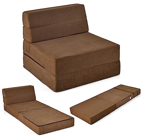 COSTWAY Tri-Folding Sofa Bed, 15cm Thick Lazy Floor Lounger Sleeper Seat, Convertible Fold Out Z Sofa Bed Futon Couch Guest Mattress for Living Room, Bedroom and Office (Brown)