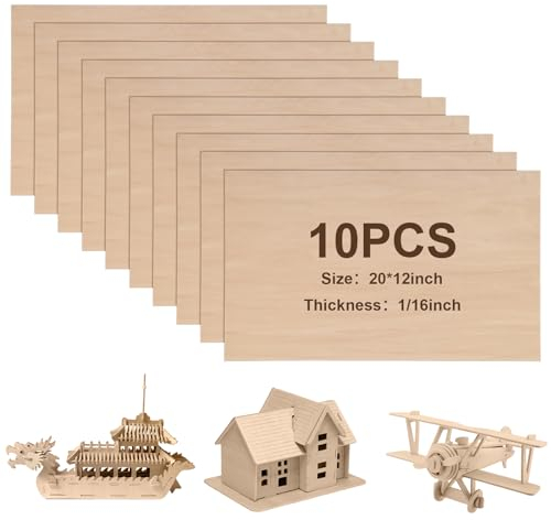 Sasylvia Lot de 10 feuilles de bois de balsa de 30,5 x 50,8 x 0,6 cm pour travaux manuels, contreplaqué, planches de bois brut rectangulaires pour projets de bricolage, dessin, découpe laser