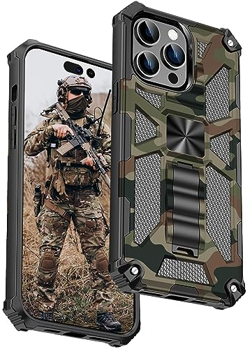 Ysnzaq Case for Apple iPhone 15 Pro Max 6.7, Military Grade Shockproof Heavy Duty Camouflage Design Rugged Anti-Scratch Cover with Kickstand Case for Apple iPhone 15 Pro Max. YH Army Green