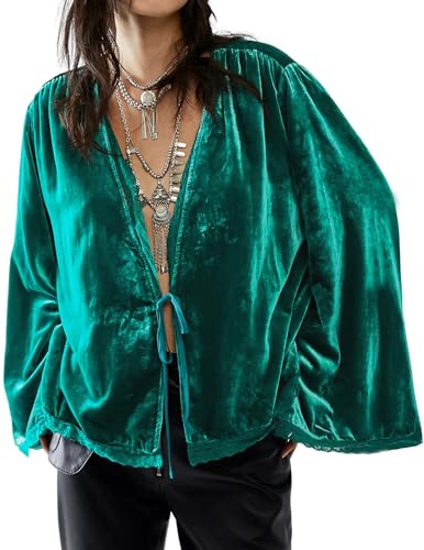 R.Vivimos Autumn Winter Velvet Jackets For Women Warm Long Sleeve Casual Cropped Jacket Collarless Lace Short Cardigan(Large,DarkGreen)