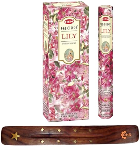 HEM Incense sticks PRECIOUS LILY Full box of 6 with DHS incense stick holder for Yoga, Meditation, Healing, Spirituality, Aromatherapy, Incense Spa and Relaxation……