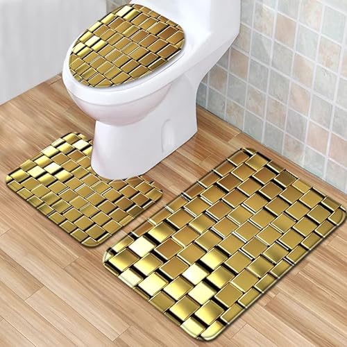 Badezimmerteppich Goldene Geometrie Badematte Set 3 Teilig Fußmatte rutschfest Saugfähig Badteppich Waschbar Fussmatte Teppich Schmutzfangmatte für Badezimmer