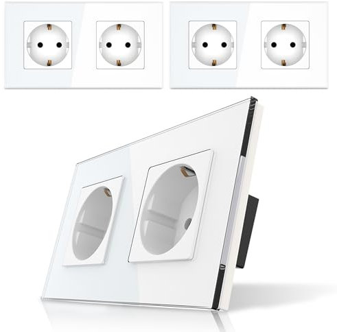 PULSAR Schuko-Steckdosen-Set in Weiß - 3 x Steckdose Glas 2-Fach - Wandsteckdose 16A mit Kindersicherung 157 x 86mm Doppelsteckdose mit Berührungschutz 3 Stück