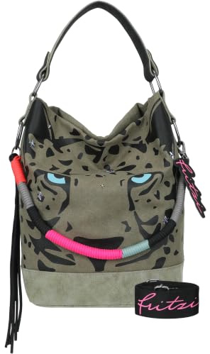 Fritzi Izzy07 Olga Limited Canvas Hobo Damen Schultertasche Handtasche Canvas Magnet Innenfach Leoprint Freizeittasche Alltag Reisen Freizeit Arbeit 37 x 27 x 17 cm, Schwarz