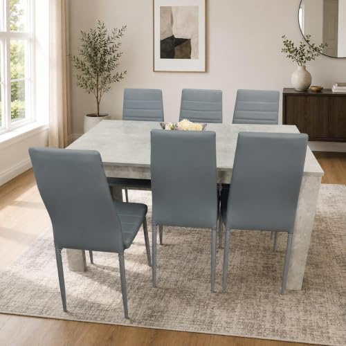 Dining Table and Chairs Set Light Grey Kitchen with 6 Faux Leather Chairs | KOSY KOALA Dining Table and Chairs Set - Light Grey Kitchen Table with 6 Grey Faux Leather Dining Chairs - 6 Seater Dining