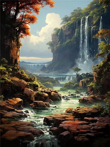 5D Diamond Painting Set Wasserfall,Landschaft Diamant Painting Bilder Kinder,DIY Diamant Malerei Set Strass Basteln Bilder Malen nach Zahlen,Diamond Painting Erwachsene für Wand Dekor 90x120cm A5524