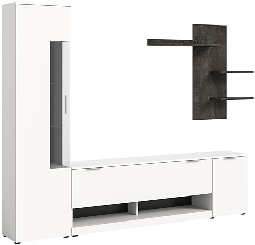 xonox.home - Wohnwand Ben 250x190x35 cm in weiß Absetzung Beton grau Nb - Wohnwand TV-Möbel Wohnkombination Wohnzimmermöbel - modern und funktional