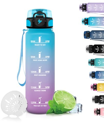 Grsta Botella Agua Niños, Botella Reutilizable con Filtro, Botella Agua 500ml, Fácil de Limpiar, Botella de Agua Deportiva, Marca de Tiempo, Botella de Agua para Agua, Café, Té, Blue-Purple