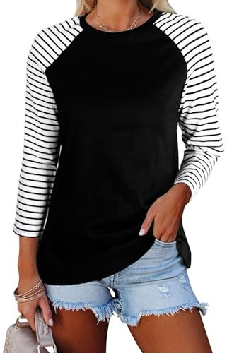 Remidoo Women Boat Neck Striped T-Shirt Short Sleeve / 3/4 Sleeve/Long Sleeve Tees Slim Fit Blouses Tops, Block Black, L