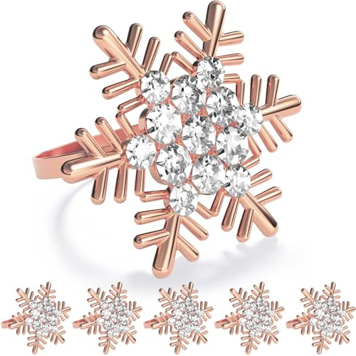 ZeeDix Set of 12 Rose Gold Snowflake Christmas Napkin Rings for Dinning Table Setting- Rustic Dinner Tables Setting Decoration for Wedding Receptions, Christmas Holiday Party Dinner Parties