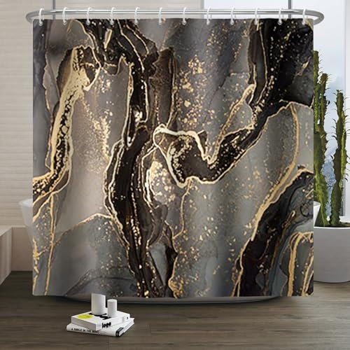 Xiaoterna Tenda da doccia in marmo Tenda da bagno con schizzi d'oro Tenda da doccia astratta grigio oro nero Tenda da doccia moderna di lusso Tessuto impermeabile lavabile in lavatrice 180x200cm