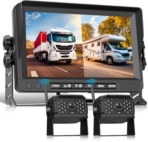 Wireless Telecamera Posteriore 2 Cameras Set, 7 Pollici Monitor 2 Split Screen,Telecamera posteriore IP68 Impermeabile Visione Notturna DVR Loop Video Image Flip per Camion/Bus/Furgoni/Camper/Rimorchi