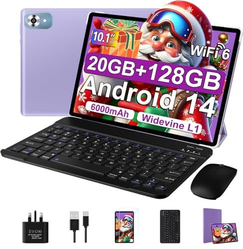 fezawio Android 14 tablet 10 inch 20GB RAM+128GB ROM, Octa Core, WiFi 6, 6000mAh, (1TB TF) tablet with keyboard and mouse+one-year screen rupture insurance —(Purple)
