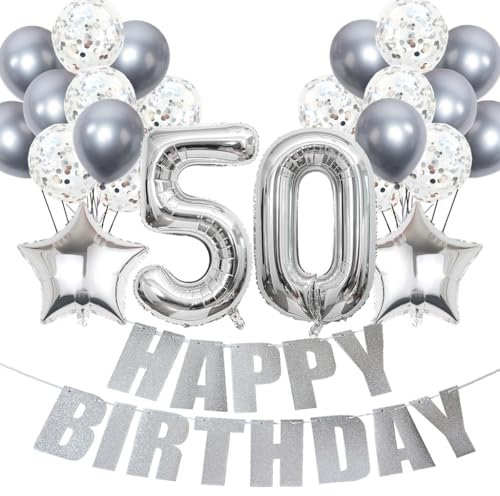 Conruich Luftballons 50. Geburtstag Dekoration, Silber Ballons Happy 50th Birthday DekoDeko 50 Jahre Frau, Folienballon Zahl 50 Silber, Deko 50. Geburtstag Frau, Geburtstagsdeko 50 Jahre Frauen Männer