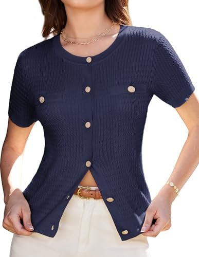 GRACE KARIN Women Vintage Crew Neck Cropped Cardigan Slim Fit Solid Color 2025 Cable Knit Button Up Cardigan Sweater Dark Blue M