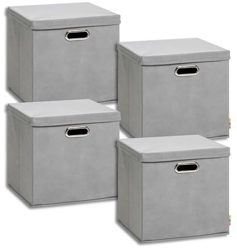 Storanda | 4er Set Aufbewahrungsbox mit Deckel 34x34x33 cm | Breite Griffe auf zwei Seiten | Stabil & Faltbar | Regalbox für Würfelregal | Ideal für Zuhause & Kinderzimmer | Grau