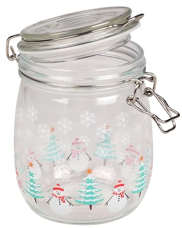 Tala Snowman and Christmas Tree Themed Airtight Jar, Christmas Style Festive Jar with Gingerbread House and Snowy Scene, for Preserving Cookies, Sweets and other goods, 750 ml capacity