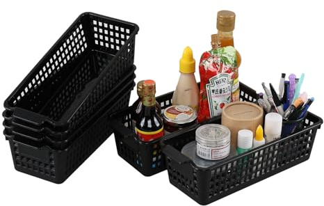 Guankan Slim Plastic Storage Basket, 6 Pack Small Organiser Basket, Black | for Shelves Drawers Desktops