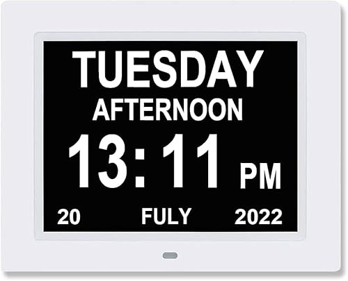 Golony Dementia Clock with 8 Alarm Digital calendar week clock with day of the week date and time for Seniors Elderly Dementia Memory Loss Impaired Vision Alzheimer’s (8-inch white)