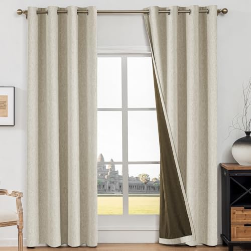 CYCMACO Verdunklungsvorhänge Falscher Leinen 2er Set, 140x200cm, Kälteschutz Thermovorhang, Vorhang Blickdicht Mit Ösen, Lärmschutzvorhang, Schallschutz Vorhang, Vorhänge Schlafzimmer, Dunkelbeige