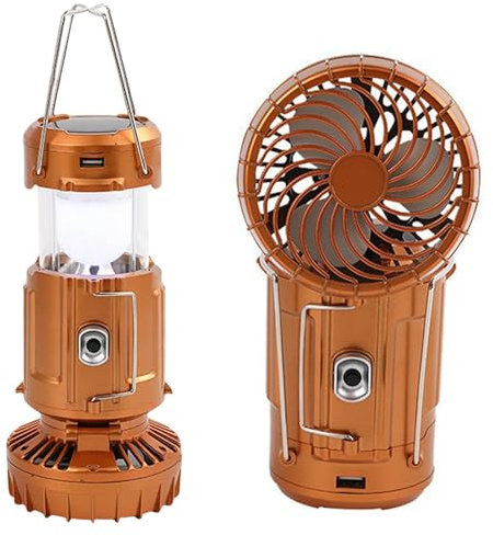 Pufei 2-in-1 Solar Light and Portable Fan, Folding Camping Lantern with Bright LED, USB/Solar Rechargeable for Outdoor Camping Fishing Emergency, Portable Gear (Gold)