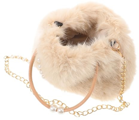Flauschige Plüsch Handtasche für Damen mit Perlenkette, Große Beige | Kunstfell Optik, Weich und Komfortabel, Vielseitig Tragbar, Elegant für Alltag und Herbst, Inklusive Perlenkette