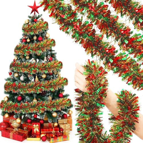 ParPix 2 Stück Weihnachts Lametta Girlande, 2m Rot Grün Gold Lametta Weihnachten Girlande, Glitzer Christmas Girlandes, Weihnachtsbaum Girlandes, Winter Deko Lametta Weihnachtsgirlande