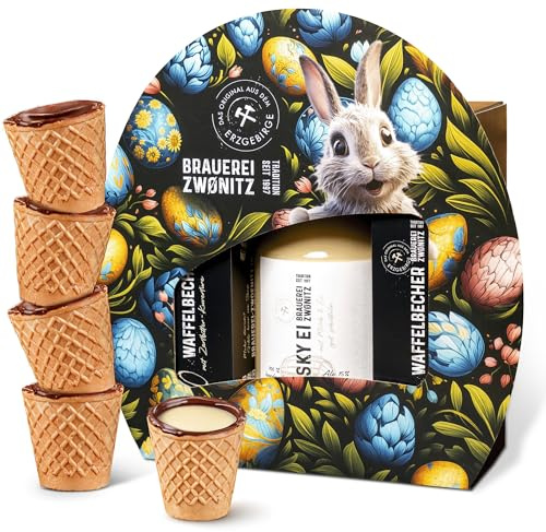 Brauerei Zwönitz Whiskey Eierlikör Geschenkset mit Schoko Waffelbechern | Sächsischer Whisky Eierlikör 0,5 Liter und knusprige Waffelbecher mit Schokolade 10 Stück - Ostergeschenke für Erwachsene