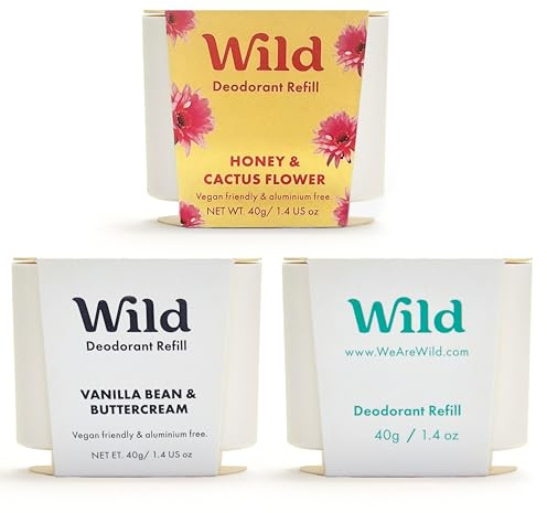 Wild Aluminiumfreies natürliches Deodorant Nachfüll‑Multipack – enthält Honey & Cactus Flower, Vanilla Bean & Buttercream sowie Fresh Cotton & Sea Salt Duftsorten – 24‑Stunden‑Schutz vor Körpergeruch