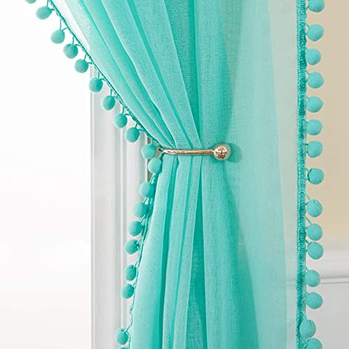 MIULEE 2er Set Vorhang Sheer mit Ösen mit Pompons Gardine aus Voile Polyester Ösenvorhang Transparent Wohnzimmer Luftig Dekoschal für Schlafzimmer 140 x 225cm (B x H) See Blau