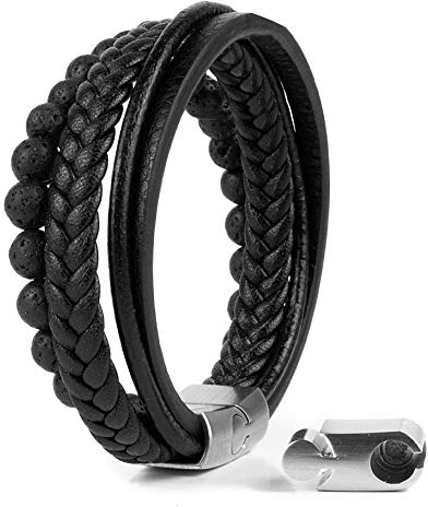 Akitsune Bellum Synthetisches Perlen Lederarmband | Magnetverschluss aus Edelstahl - Geflochtenes Männer Herren Armband inkl. schöner Schmuckschachtel - Silber-Schwarz - 19cm