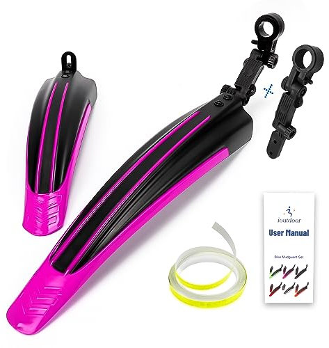 ioutdoor Ensemble de garde-boue pour vélo avec ruban réfléchissant de 8 m, réglable, garde-boue avant et arrière pour VTT de 50,8 cm, 55,9 cm, 61 cm, 66 cm (noir + rose)
