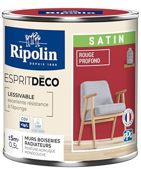 RIPOLIN - Peinture Intérieure Multi-Supports – Murs, Boiseries & Radiateurs – Ultra Couvrante – Lessivable – Application Facile – Ecolabel - Satin - 0,5L - Rouge Profond