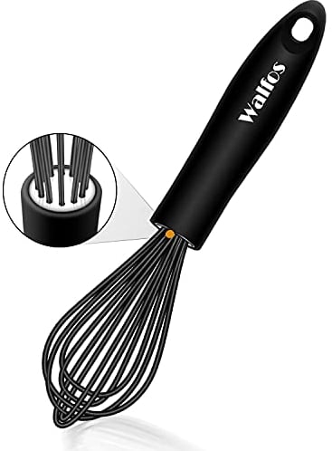 Walfos Batidor de 21,5 cm de silicona negro, acero inoxidable, alambre de silicona, batidor de globos, batidor de cocina para mezclar, batir, batir, espumar y remover